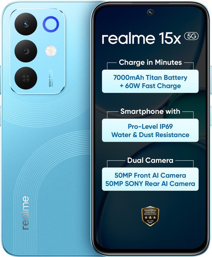 realme 15X 5G Smartphone 6+128GB Aqua Blue, 6.8-inch Screen, 144Hz Display,7000mAh Battery, 60W Fast
